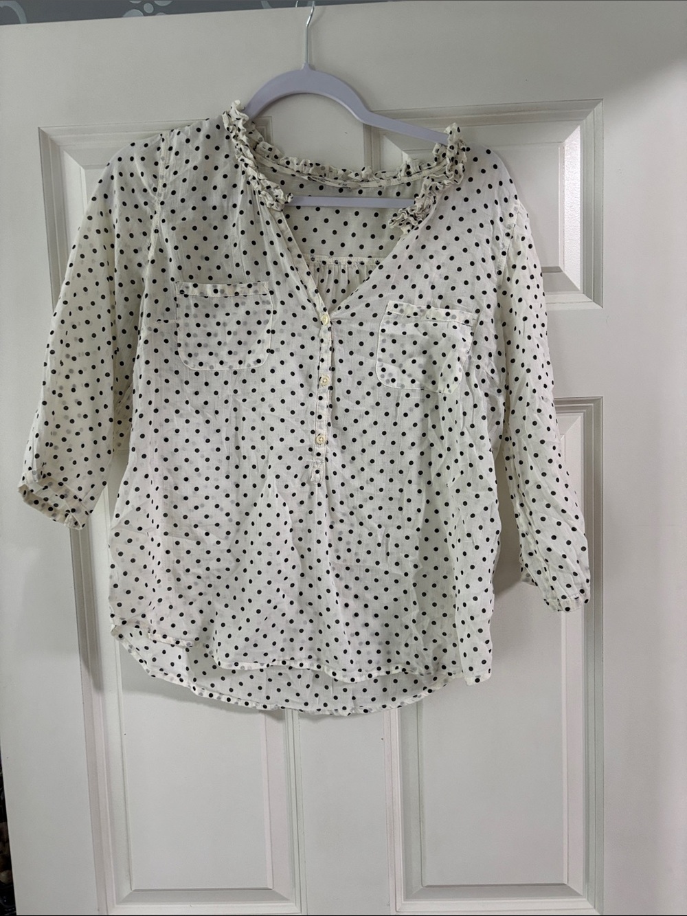 Old Navy Cream Blouse with Black Polka Dots and Ruffle Neck